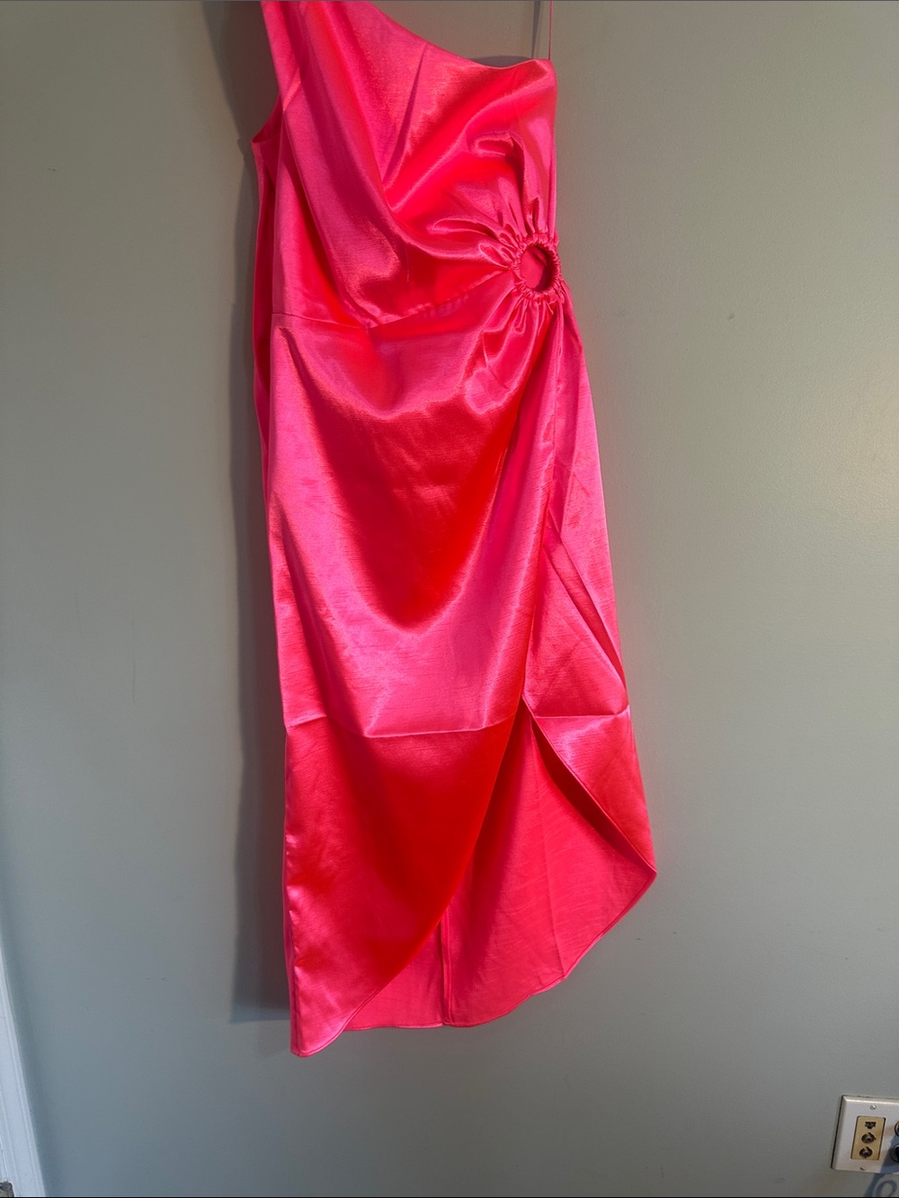 French Connection Neon Pink One-Shoulder Satin Midi Dress with Ring Detail
